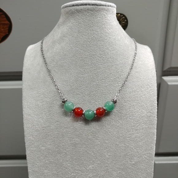 Red Carnelian Green Aventurine Natural Gemstone Necklace Stainless-Steel Crystal - Picture 10 of 13